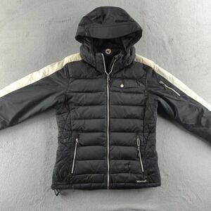 Marmot Jacket Womens Medium Black 650 Fill Down Puffer Hooded Striped Sleeve Zip